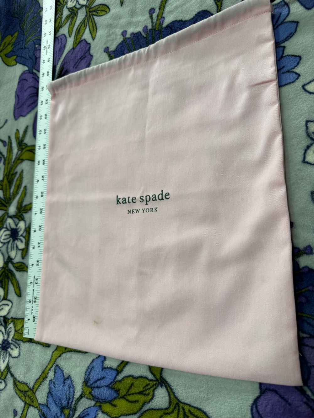 kate spade light pink logo dust bag 12x14” green drawstring